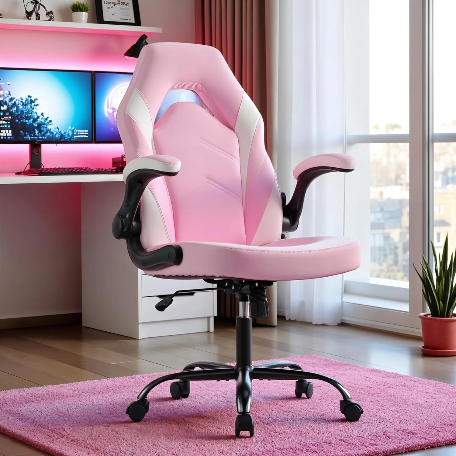 Ergonomic Gaming Chair with Adjustable PU Leather Seat, Flip-Up Armrests, and Swivel Design, Perfect for Home Office, Gaming, or Entertainment – Ideal for Adults, Kids, and Gamers, Pink/White