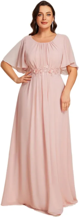 Ever-Pretty Plus Women's Round Neck Appliques Chiffon Short Sleeves Long Plus Size Formal Dresses Evening Gowns 02960-DA