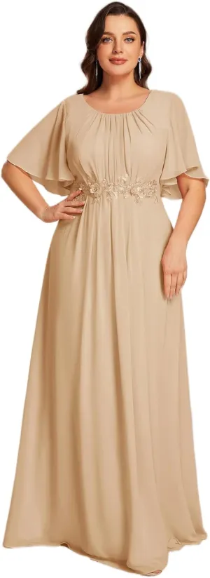 Ever-Pretty Plus Women's Round Neck Appliques Chiffon Short Sleeves Long Plus Size Formal Dresses Evening Gowns 02960-DA