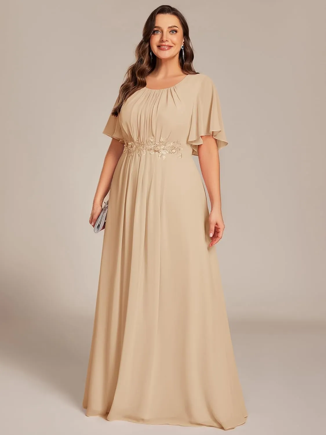 Ever-Pretty Plus Women's Round Neck Appliques Chiffon Short Sleeves Long Plus Size Formal Dresses Evening Gowns 02960-DA