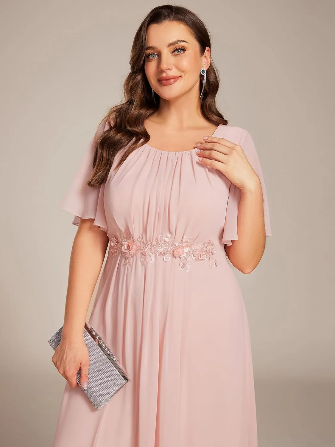 Ever-Pretty Plus Women's Round Neck Appliques Chiffon Short Sleeves Long Plus Size Formal Dresses Evening Gowns 02960-DA