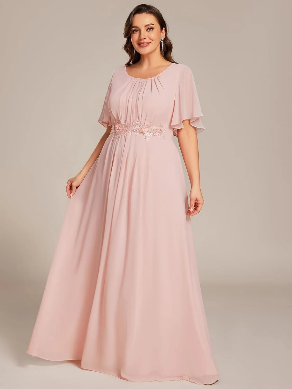 Ever-Pretty Plus Women's Round Neck Appliques Chiffon Short Sleeves Long Plus Size Formal Dresses Evening Gowns 02960-DA