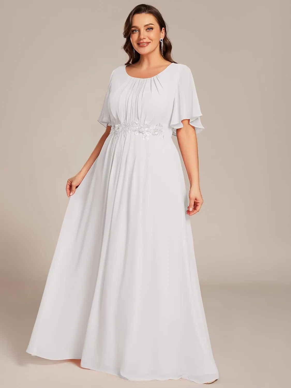 Ever-Pretty Plus Women's Round Neck Appliques Chiffon Short Sleeves Long Plus Size Formal Dresses Evening Gowns 02960-DA