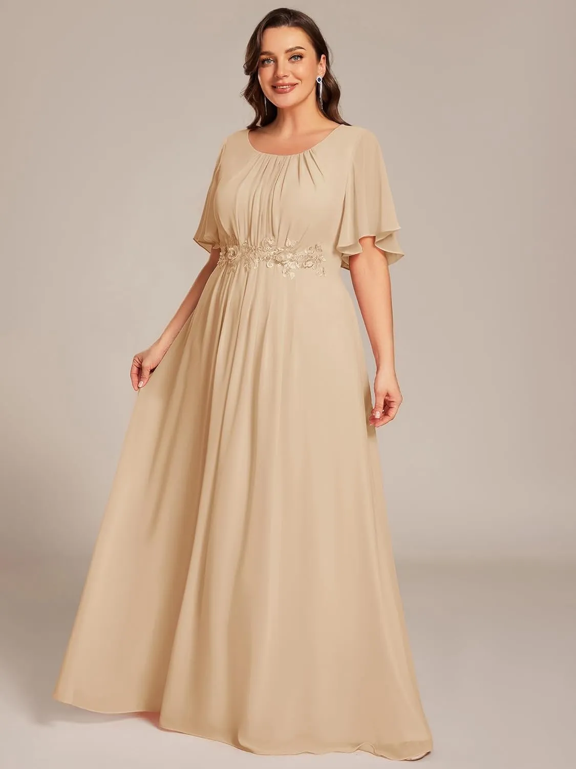 Ever-Pretty Plus Women's Round Neck Appliques Chiffon Short Sleeves Long Plus Size Formal Dresses Evening Gowns 02960-DA