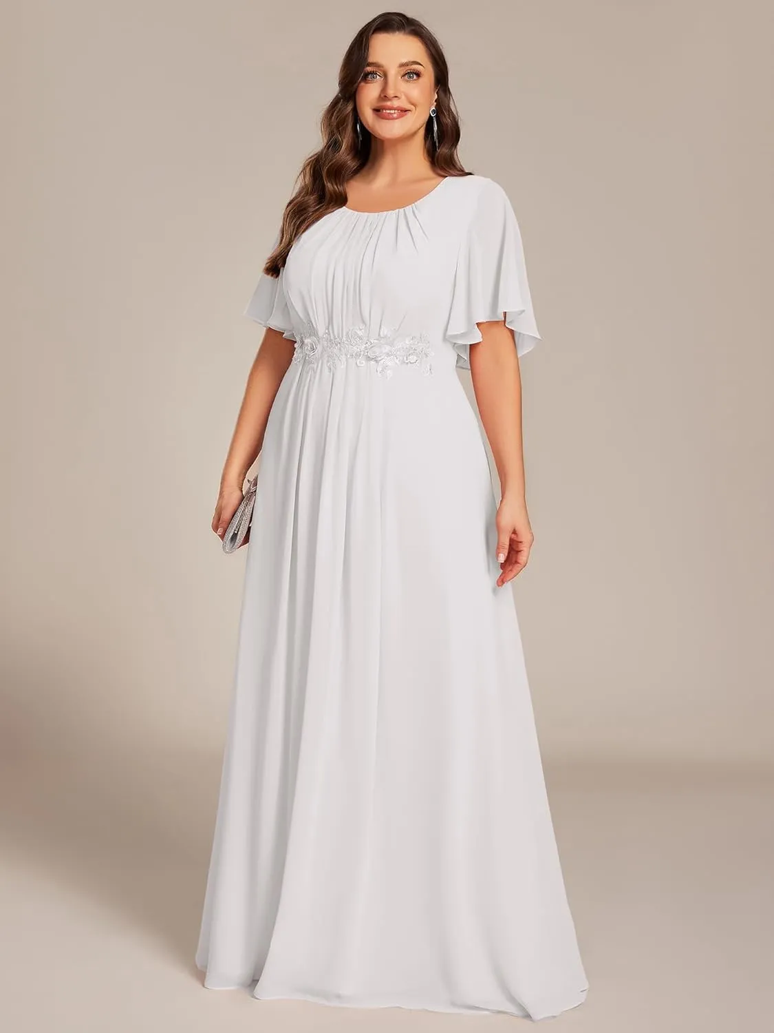 Ever-Pretty Plus Women's Round Neck Appliques Chiffon Short Sleeves Long Plus Size Formal Dresses Evening Gowns 02960-DA