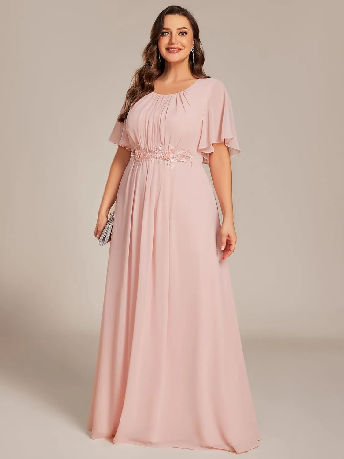 Ever-Pretty Plus Women's Round Neck Appliques Chiffon Short Sleeves Long Plus Size Formal Dresses Evening Gowns 02960-DA