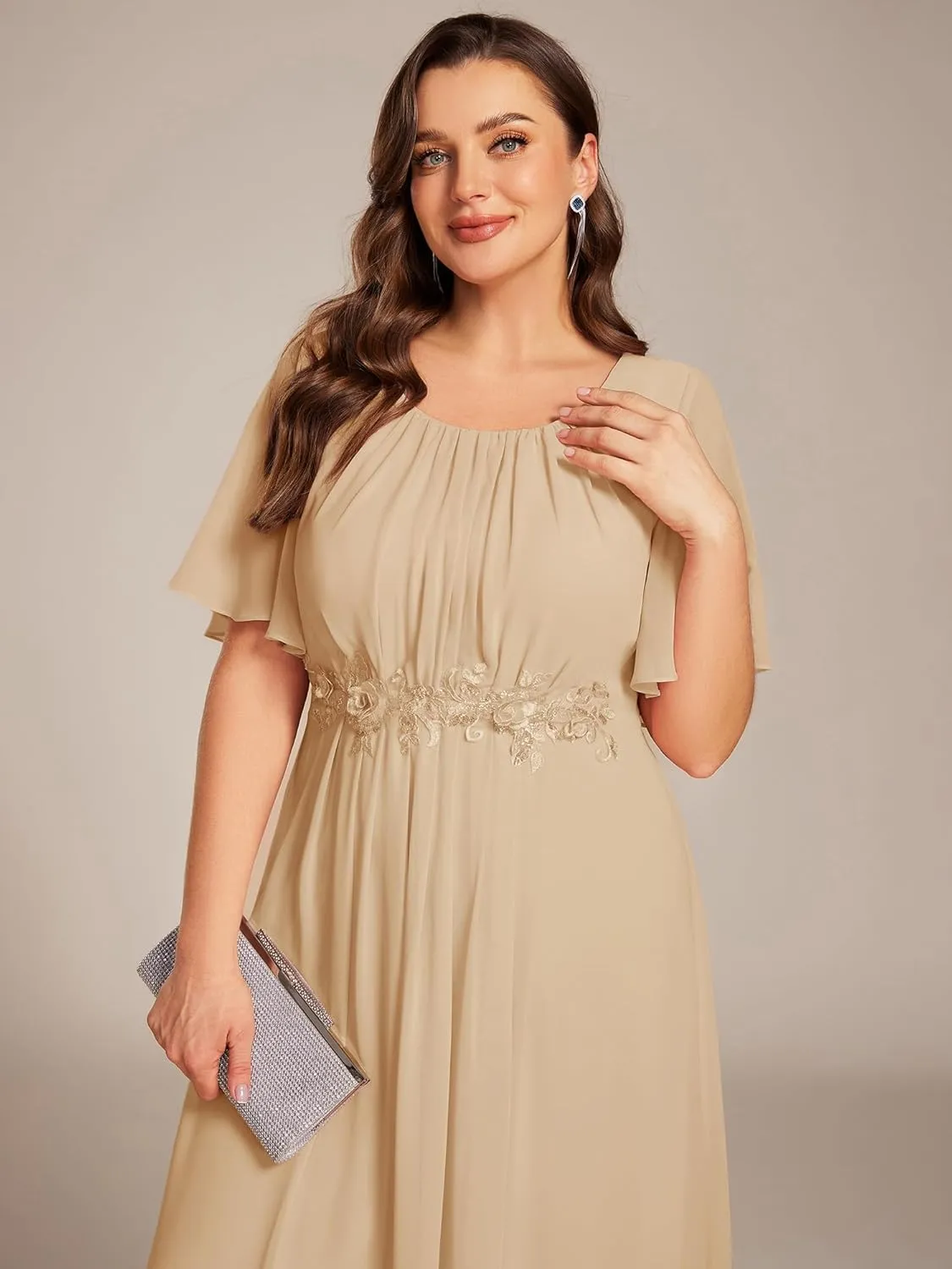 Ever-Pretty Plus Women's Round Neck Appliques Chiffon Short Sleeves Long Plus Size Formal Dresses Evening Gowns 02960-DA