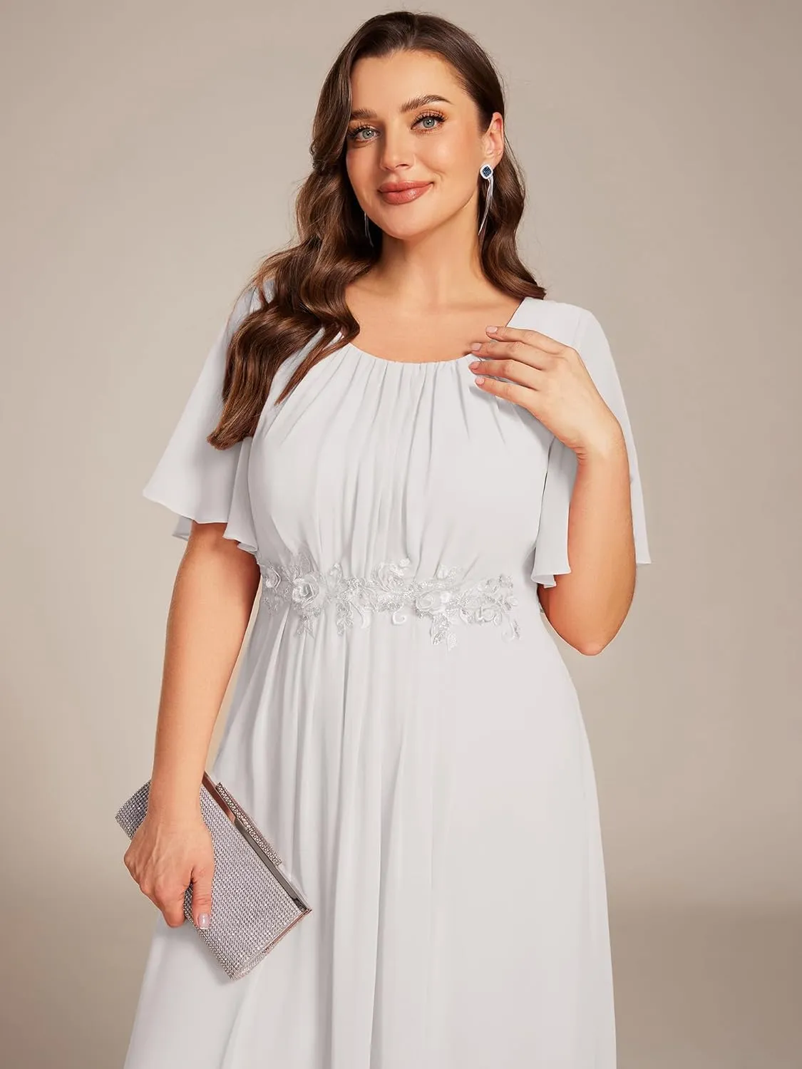 Ever-Pretty Plus Women's Round Neck Appliques Chiffon Short Sleeves Long Plus Size Formal Dresses Evening Gowns 02960-DA