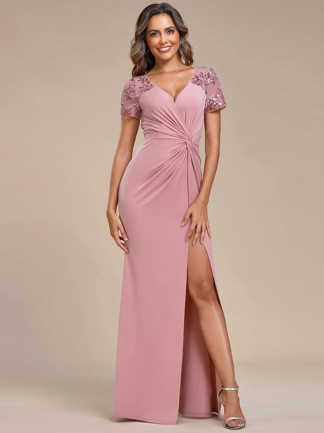 Ever-Pretty Women's Deep V-Neck Applique Ruffle Sleeves Side Slit Pleated Long Formal Dresses 01669