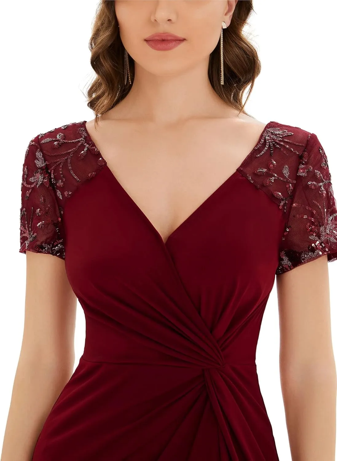 Ever-Pretty Women's Deep V-Neck Applique Ruffle Sleeves Side Slit Pleated Long Formal Dresses 01669