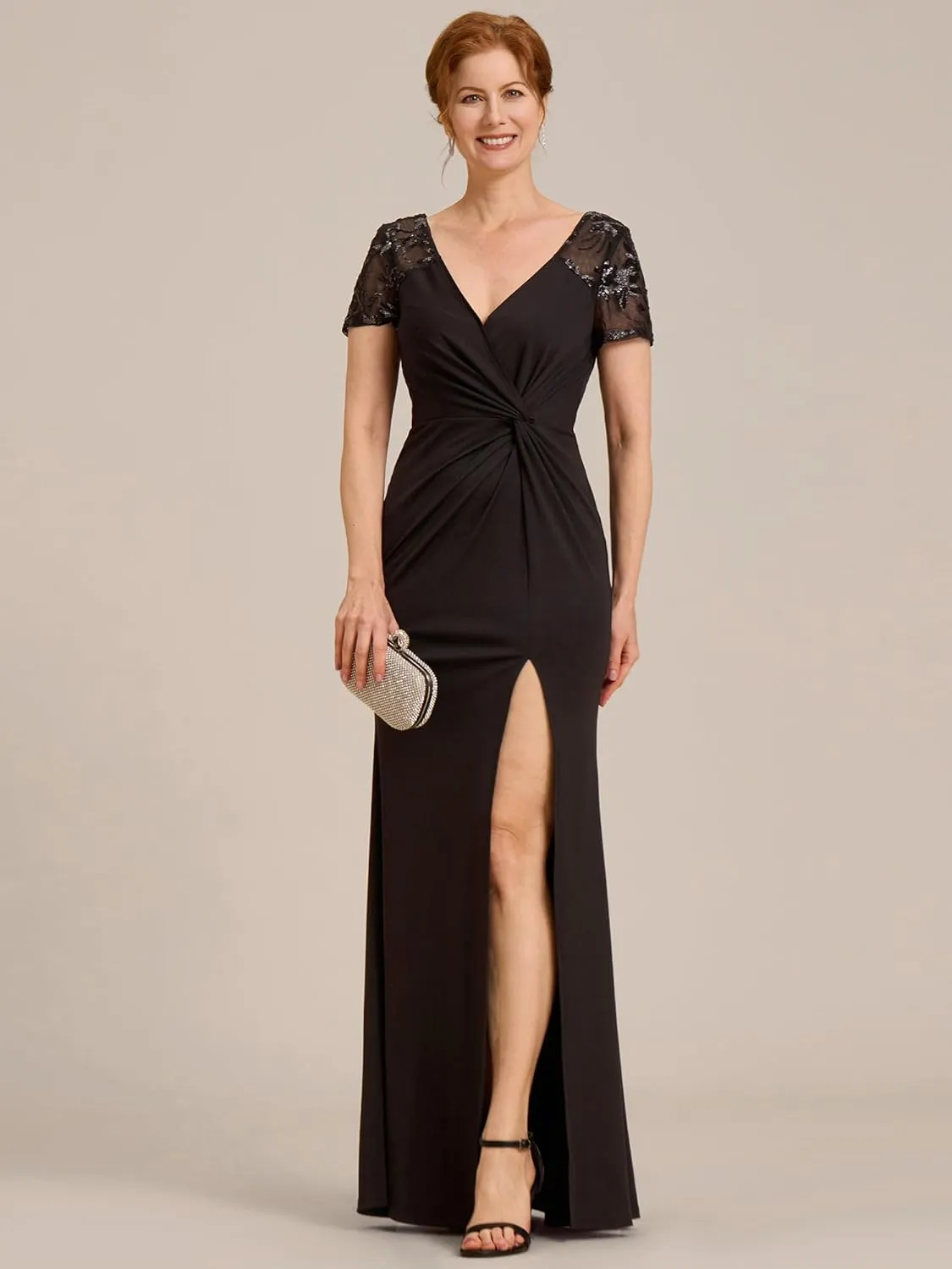 Ever-Pretty Women's Deep V-Neck Applique Ruffle Sleeves Side Slit Pleated Long Formal Dresses 01669