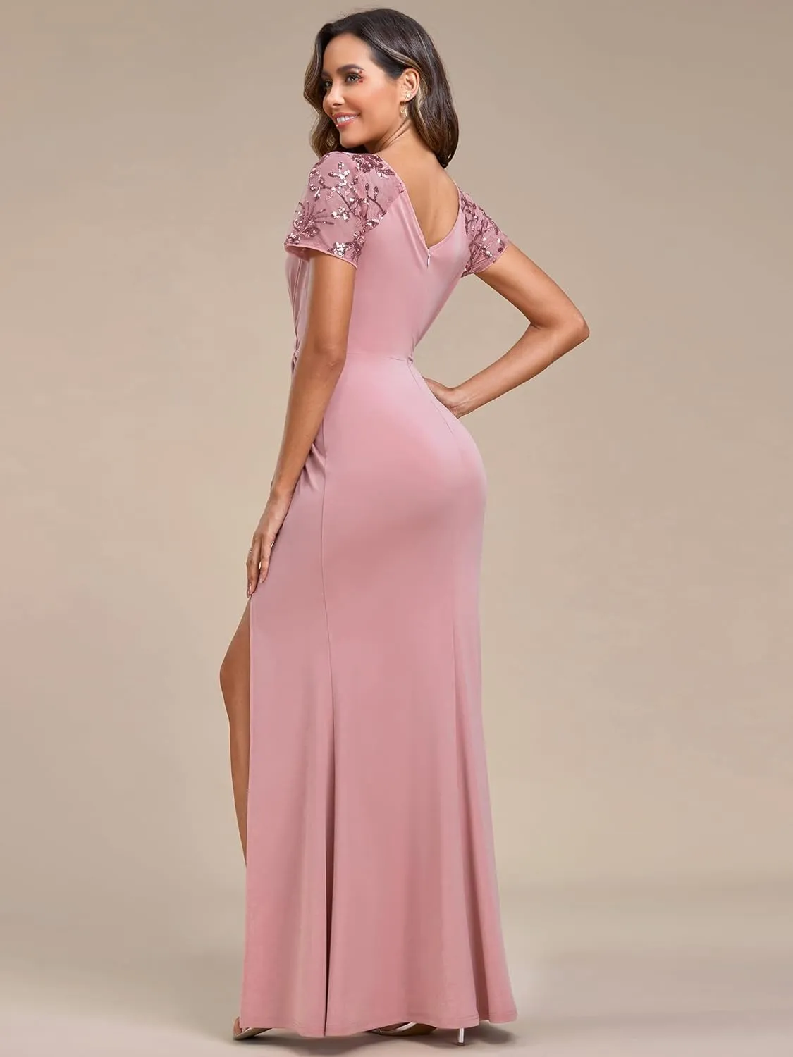 Ever-Pretty Women's Deep V-Neck Applique Ruffle Sleeves Side Slit Pleated Long Formal Dresses 01669