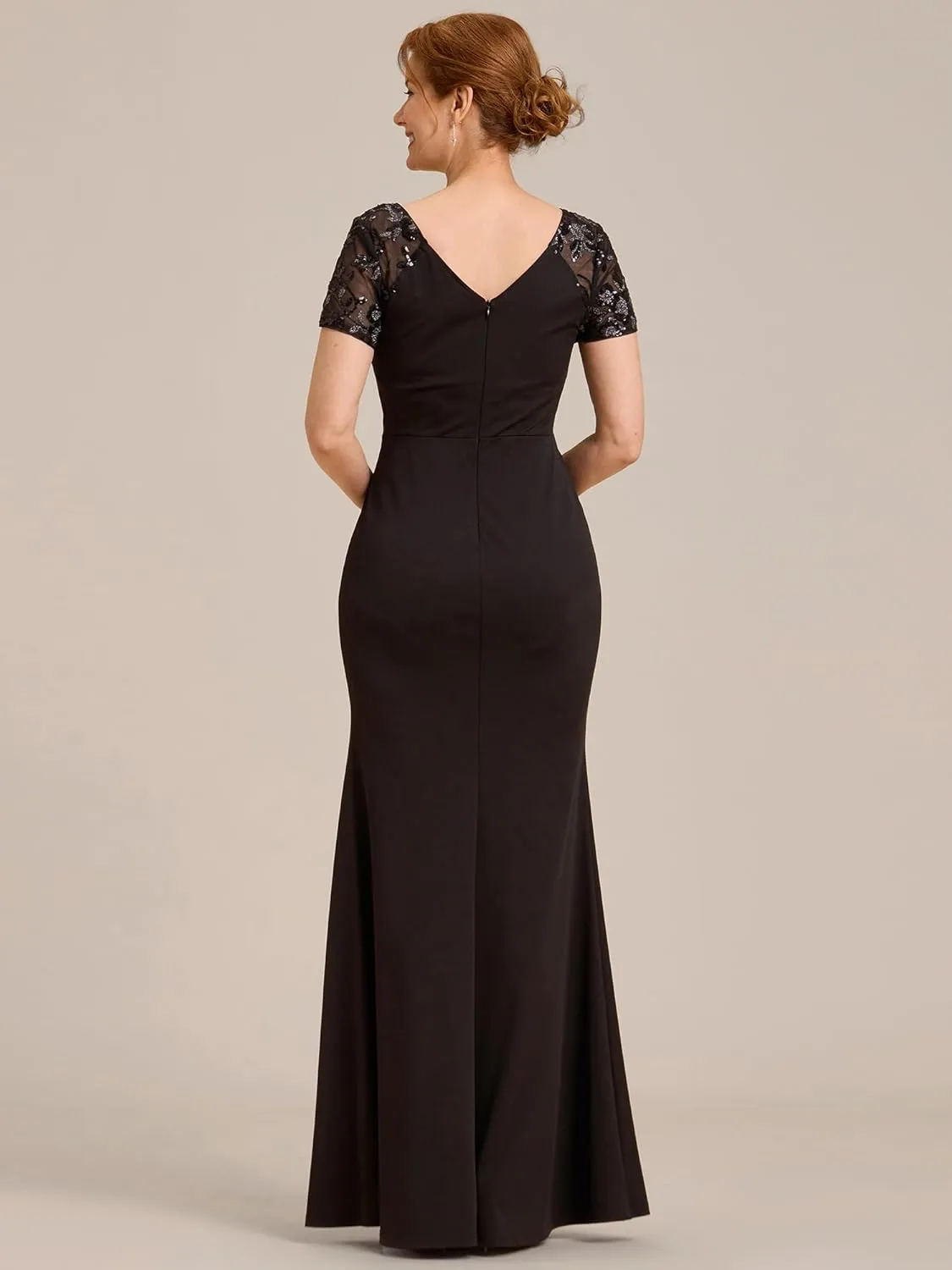 Ever-Pretty Women's Deep V-Neck Applique Ruffle Sleeves Side Slit Pleated Long Formal Dresses 01669