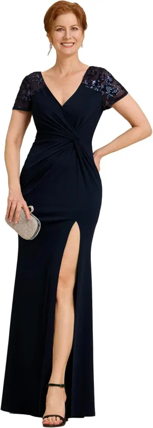 Ever-Pretty Women's Deep V-Neck Applique Ruffle Sleeves Side Slit Pleated Long Formal Dresses 01669