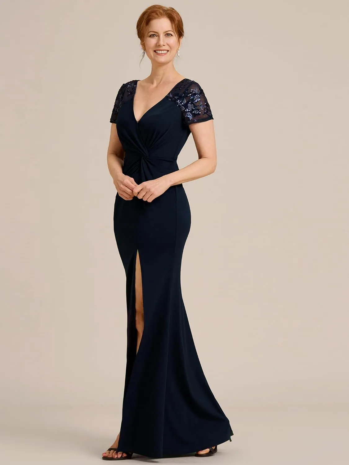 Ever-Pretty Women's Deep V-Neck Applique Ruffle Sleeves Side Slit Pleated Long Formal Dresses 01669