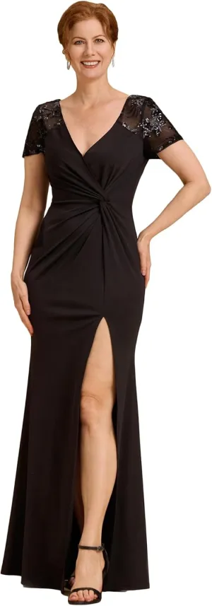 Ever-Pretty Women's Deep V-Neck Applique Ruffle Sleeves Side Slit Pleated Long Formal Dresses 01669