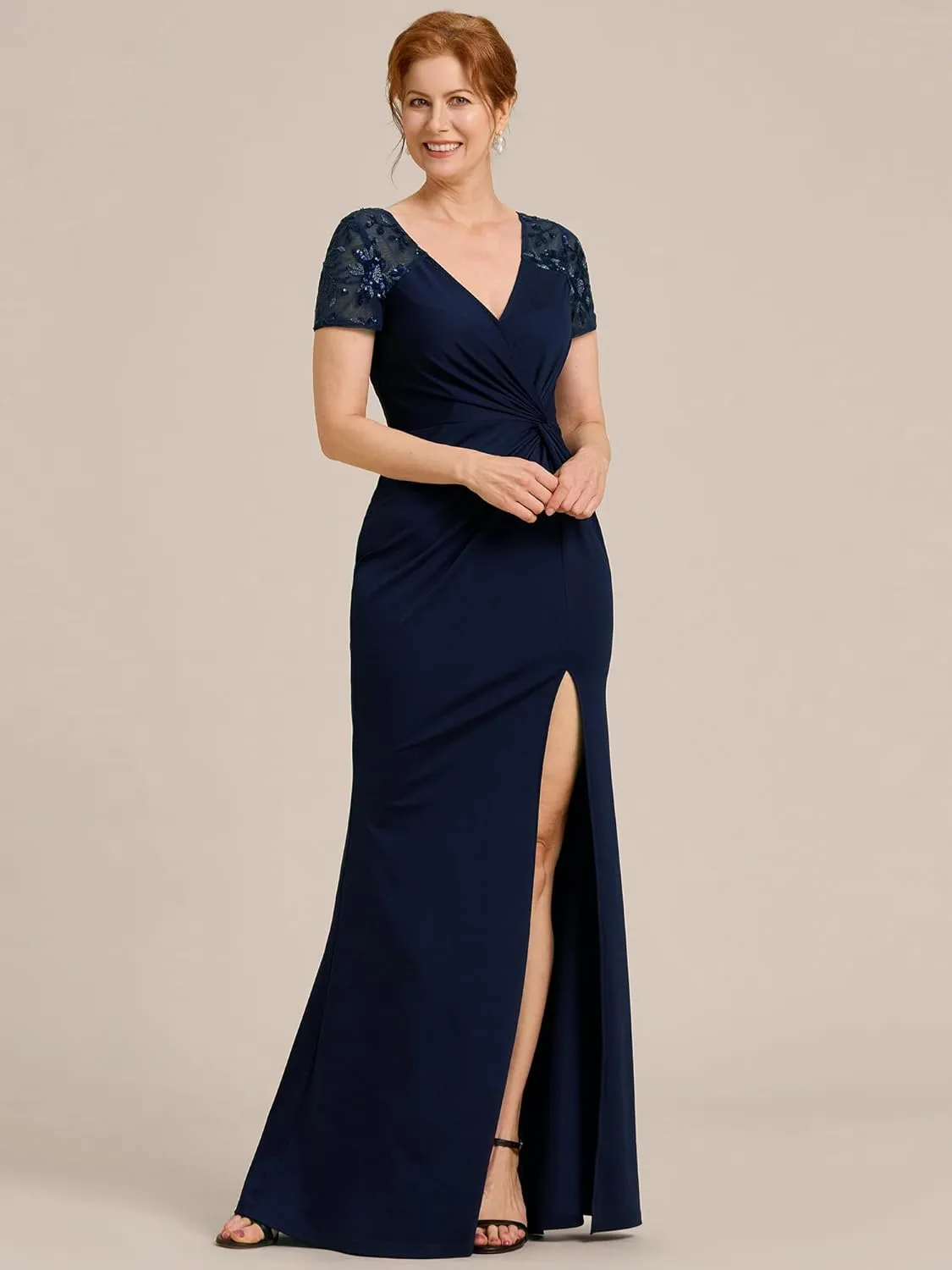 Ever-Pretty Women's Deep V-Neck Applique Ruffle Sleeves Side Slit Pleated Long Formal Dresses 01669