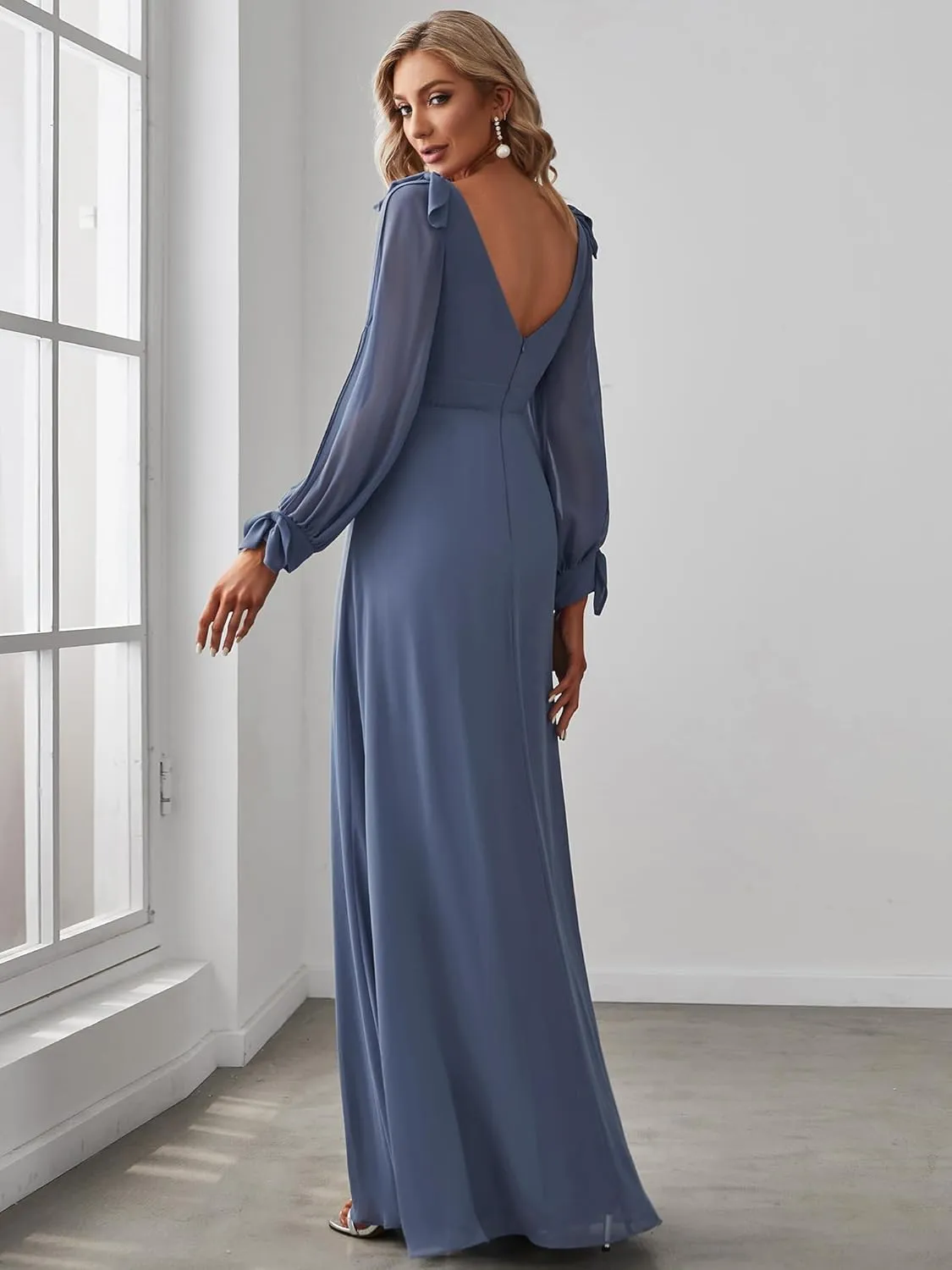 Ever-Pretty Women's Elegant Double V Neck Hollowed-Out Long Sleeves High Waist Split Chiffon Formal Dress 80116