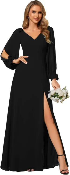 Ever-Pretty Women's Elegant Double V Neck Hollowed-Out Long Sleeves High Waist Split Chiffon Formal Dress 80116