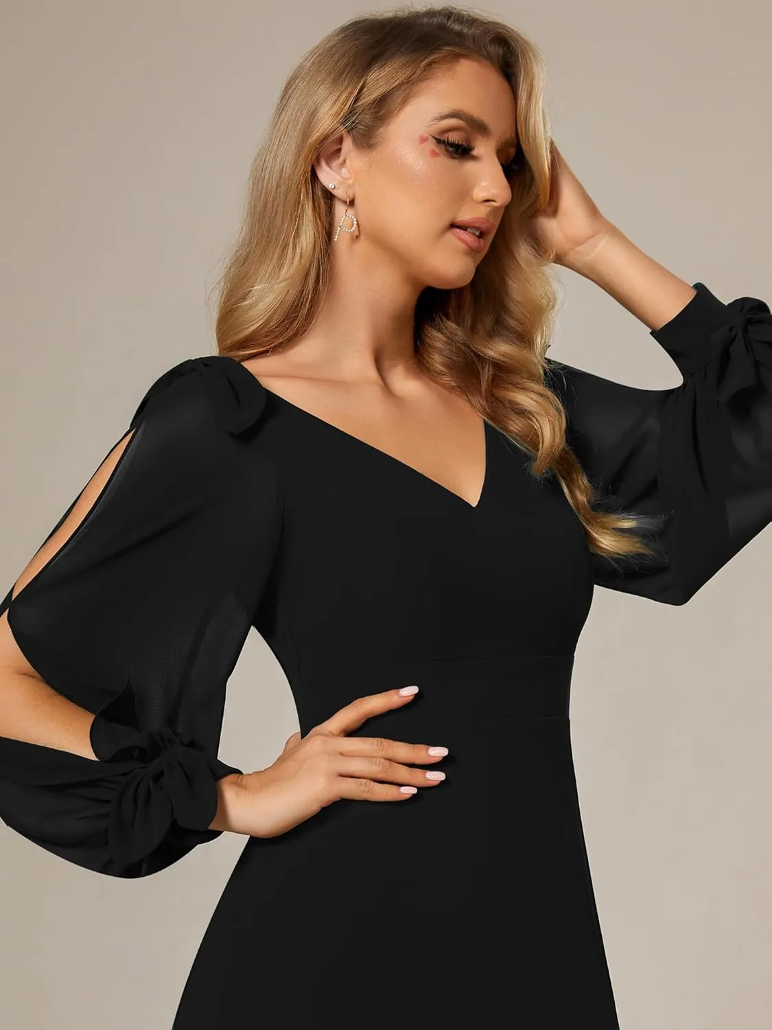 Ever-Pretty Women's Elegant Double V Neck Hollowed-Out Long Sleeves High Waist Split Chiffon Formal Dress 80116