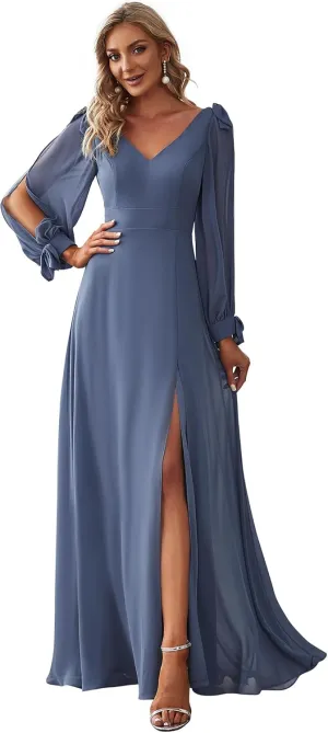 Ever-Pretty Women's Elegant Double V Neck Hollowed-Out Long Sleeves High Waist Split Chiffon Formal Dress 80116