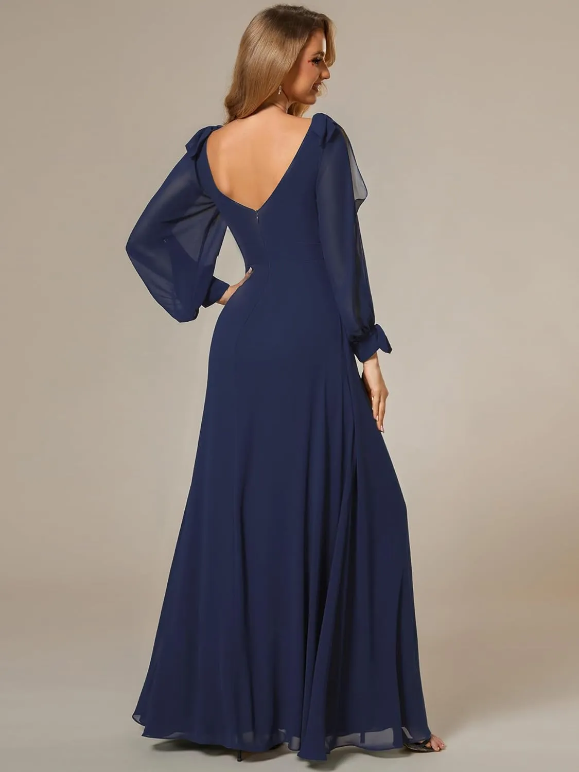 Ever-Pretty Women's Elegant Double V Neck Hollowed-Out Long Sleeves High Waist Split Chiffon Formal Dress 80116