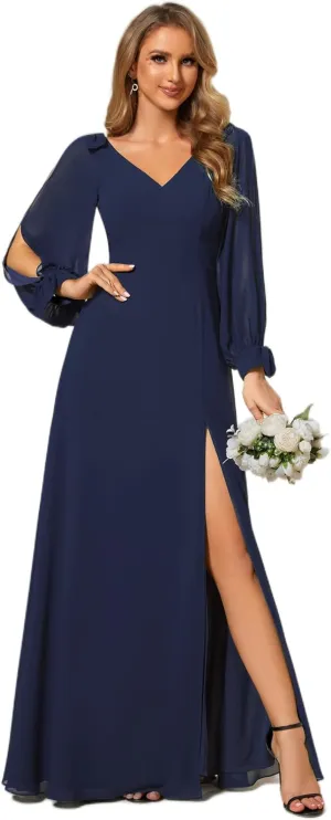 Ever-Pretty Women's Elegant Double V Neck Hollowed-Out Long Sleeves High Waist Split Chiffon Formal Dress 80116
