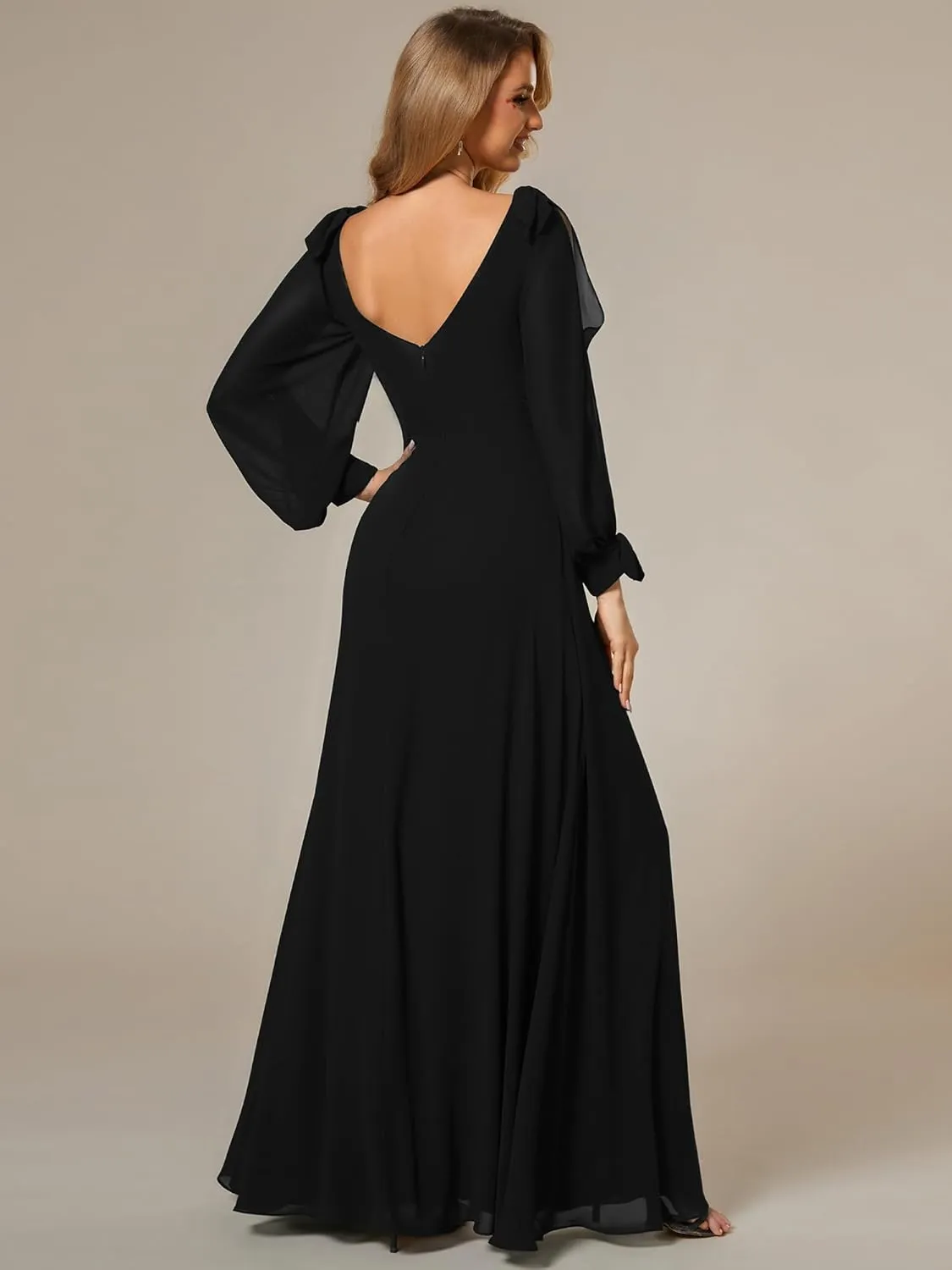 Ever-Pretty Women's Elegant Double V Neck Hollowed-Out Long Sleeves High Waist Split Chiffon Formal Dress 80116