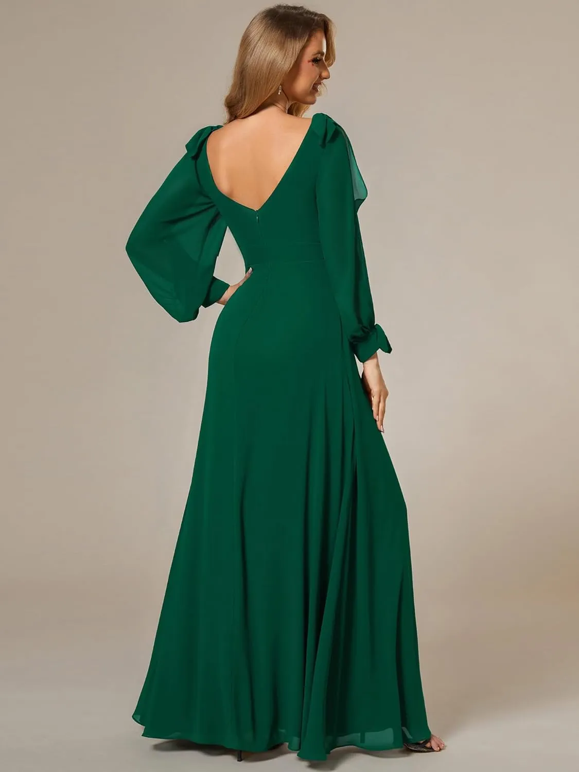 Ever-Pretty Women's Elegant Double V Neck Hollowed-Out Long Sleeves High Waist Split Chiffon Formal Dress 80116