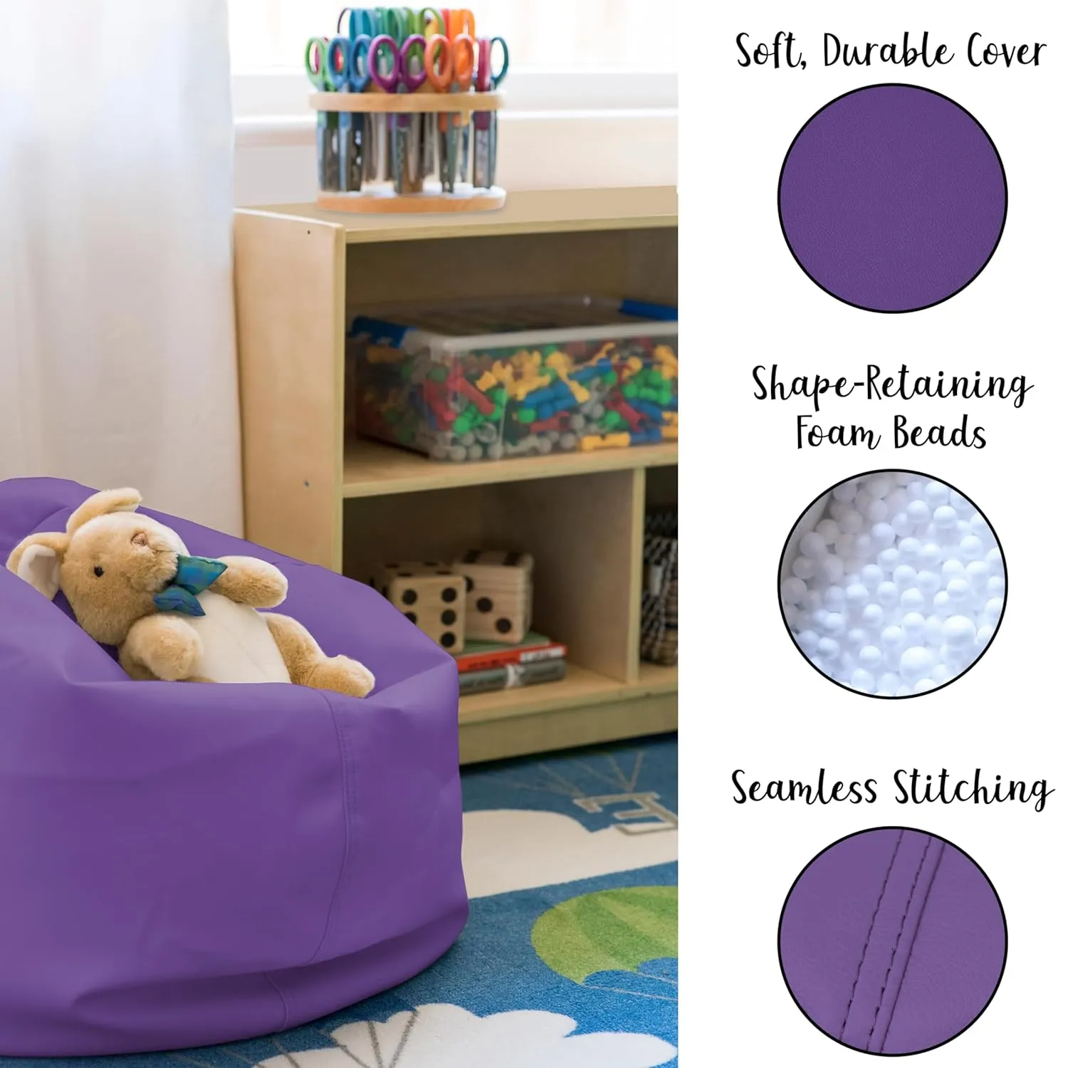 Factory Direct Partners 10477-PU SoftScape Classic 26" Junior Bean Bag Chair, Furniture for Kids - Purple