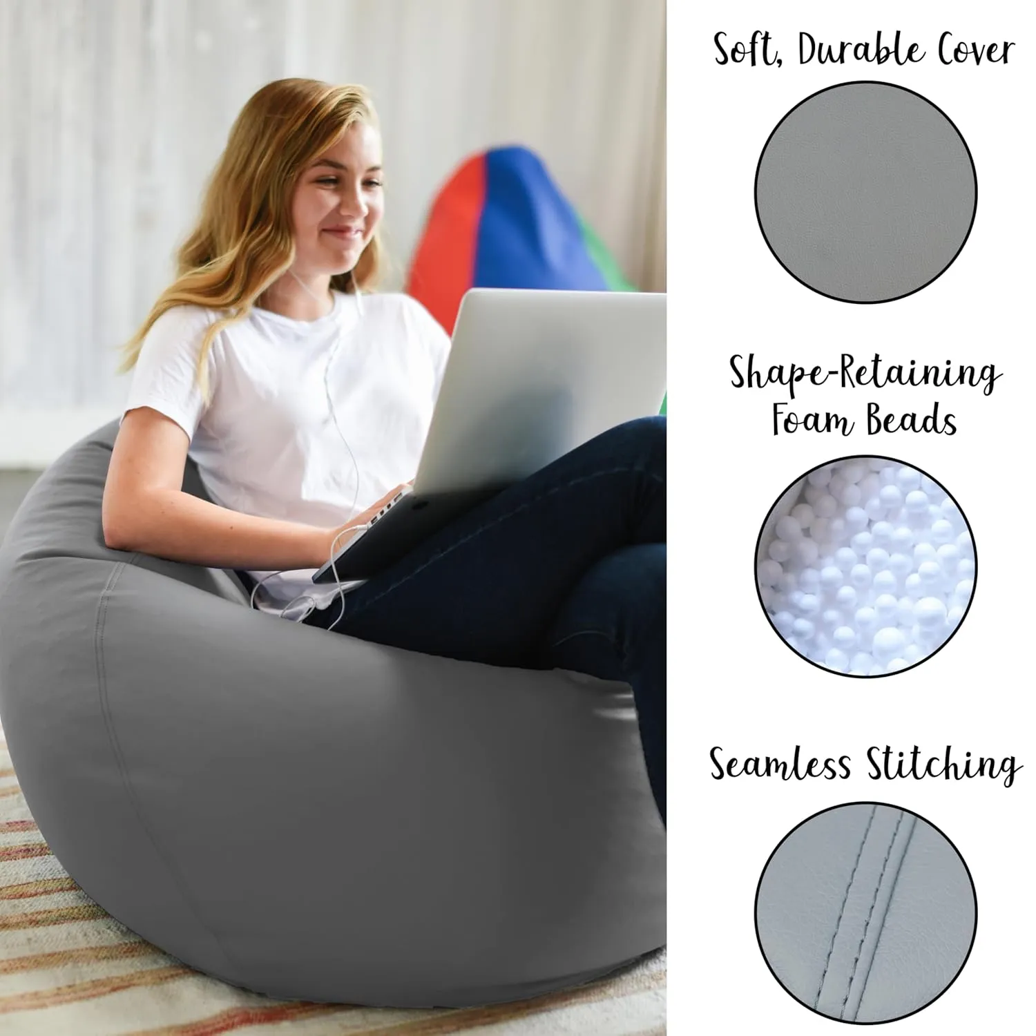 Factory Direct Partners 10478-GYLG SoftScape Classic 35" Junior Bean Bag Chair, Furniture for Kids, Perfect for Reading, Playing Video Games, Alternative Seating for Classrooms, Gray/Light Gray