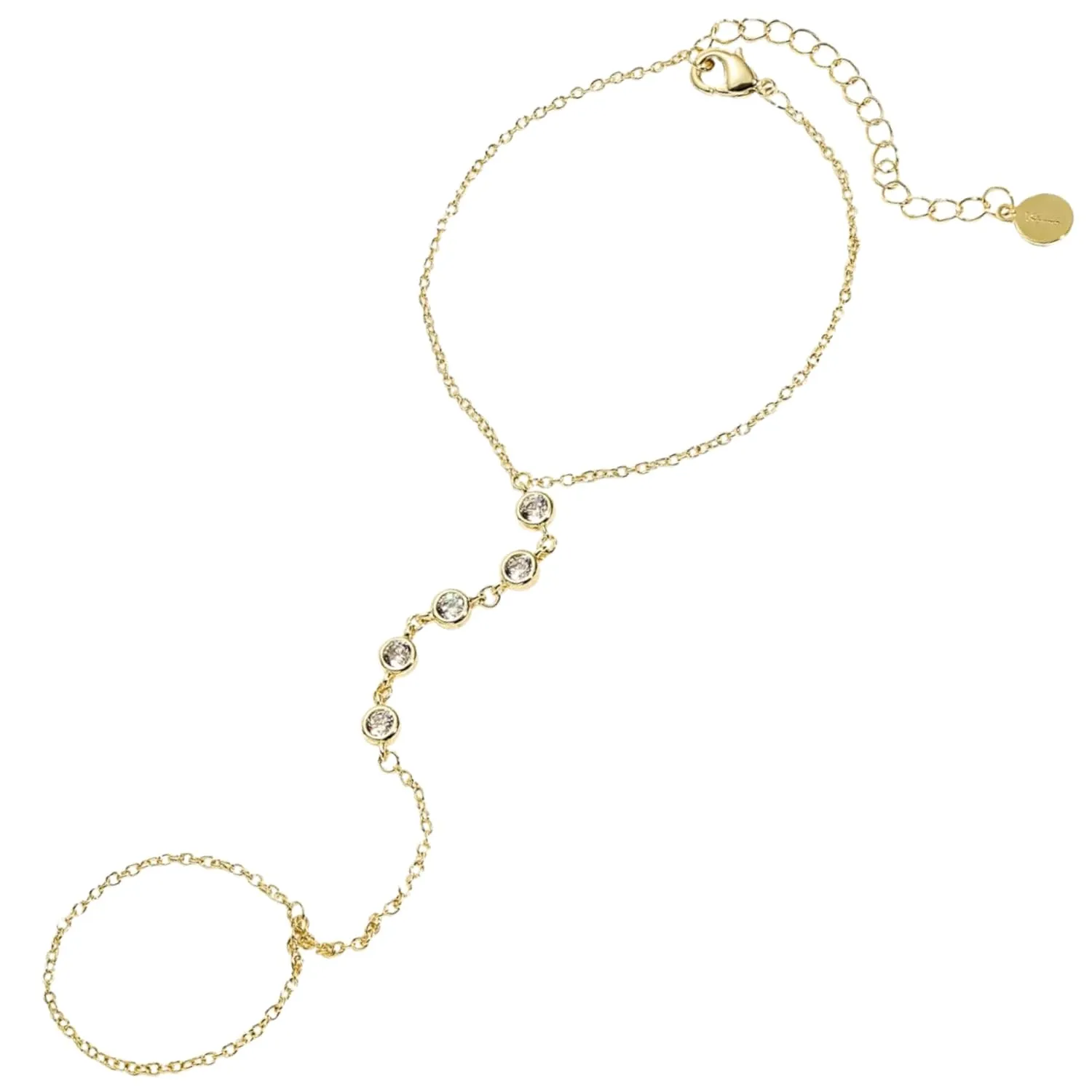 Faire de la Mode 5 CZ Diamond Gold Bracelet Ring Hand Chain for 4-9 Ring Sizes – Non-Tarnish 14k Gold Hand Chain Bracelet for Women – 6" to 8" Adjustable Length