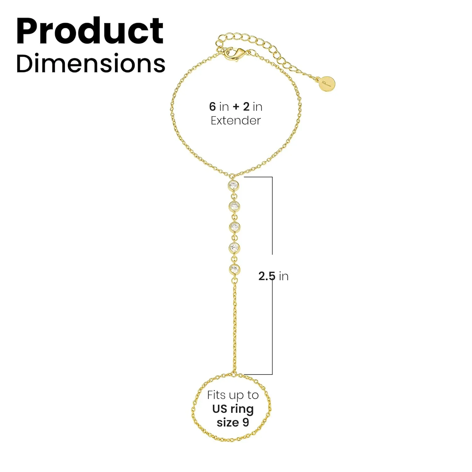 Faire de la Mode 5 CZ Diamond Gold Bracelet Ring Hand Chain for 4-9 Ring Sizes – Non-Tarnish 14k Gold Hand Chain Bracelet for Women – 6" to 8" Adjustable Length