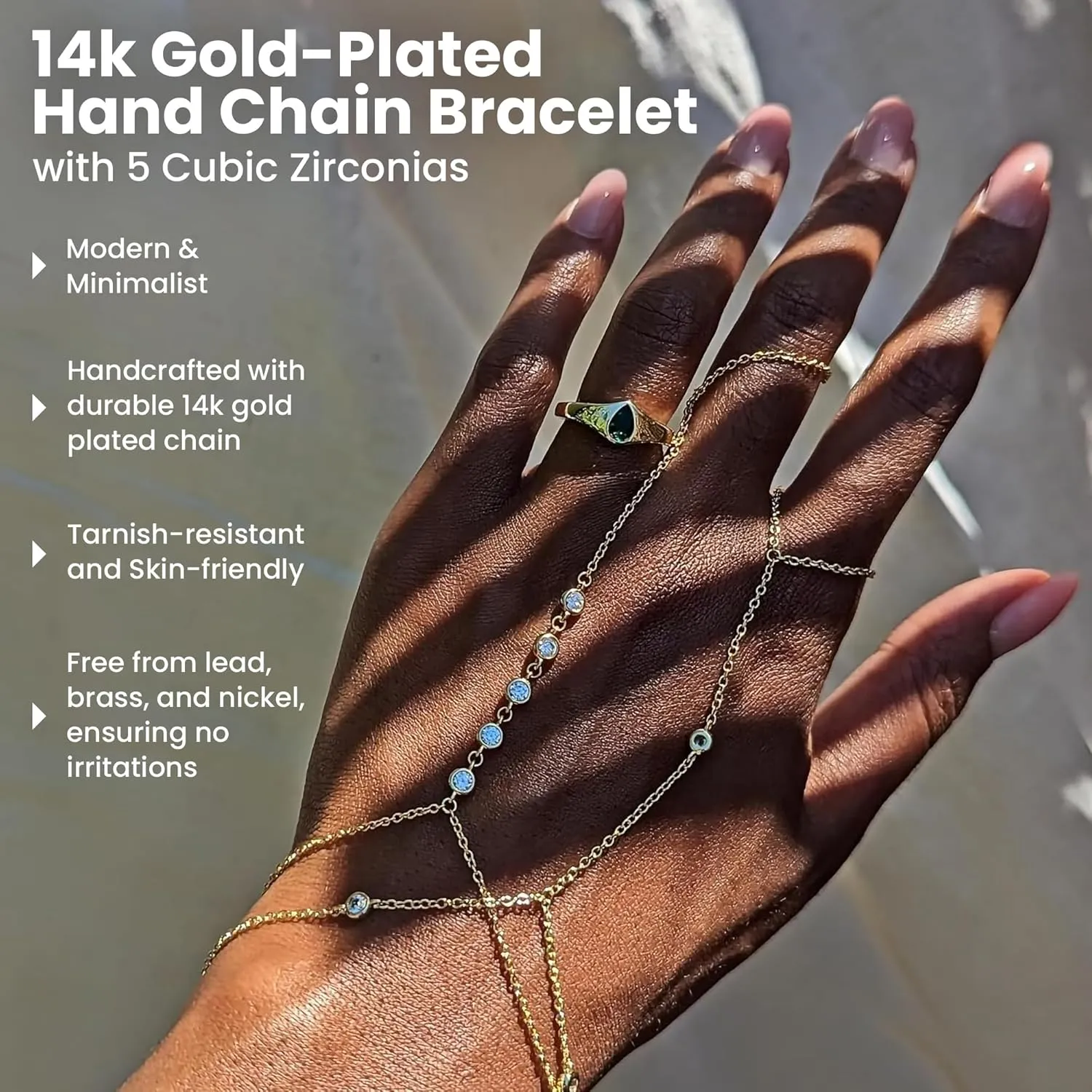 Faire de la Mode 5 CZ Diamond Gold Bracelet Ring Hand Chain for 4-9 Ring Sizes – Non-Tarnish 14k Gold Hand Chain Bracelet for Women – 6" to 8" Adjustable Length