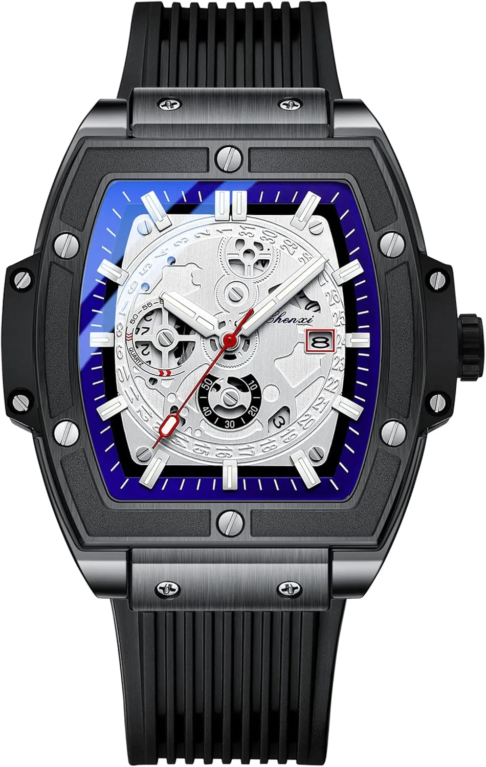 FANMIS Men's Stylish Military Sport Multifunctional Analog Quartz Tonneau Watch Easy Reader Business Luminous Waterproof Quartz Hollowed Out Watch with Silicone Strap