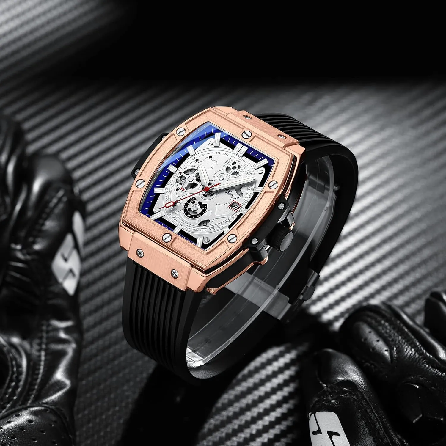 FANMIS Men's Stylish Military Sport Multifunctional Analog Quartz Tonneau Watch Easy Reader Business Luminous Waterproof Quartz Hollowed Out Watch with Silicone Strap