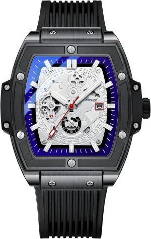 FANMIS Men's Stylish Military Sport Multifunctional Analog Quartz Tonneau Watch Easy Reader Business Luminous Waterproof Quartz Hollowed Out Watch with Silicone Strap