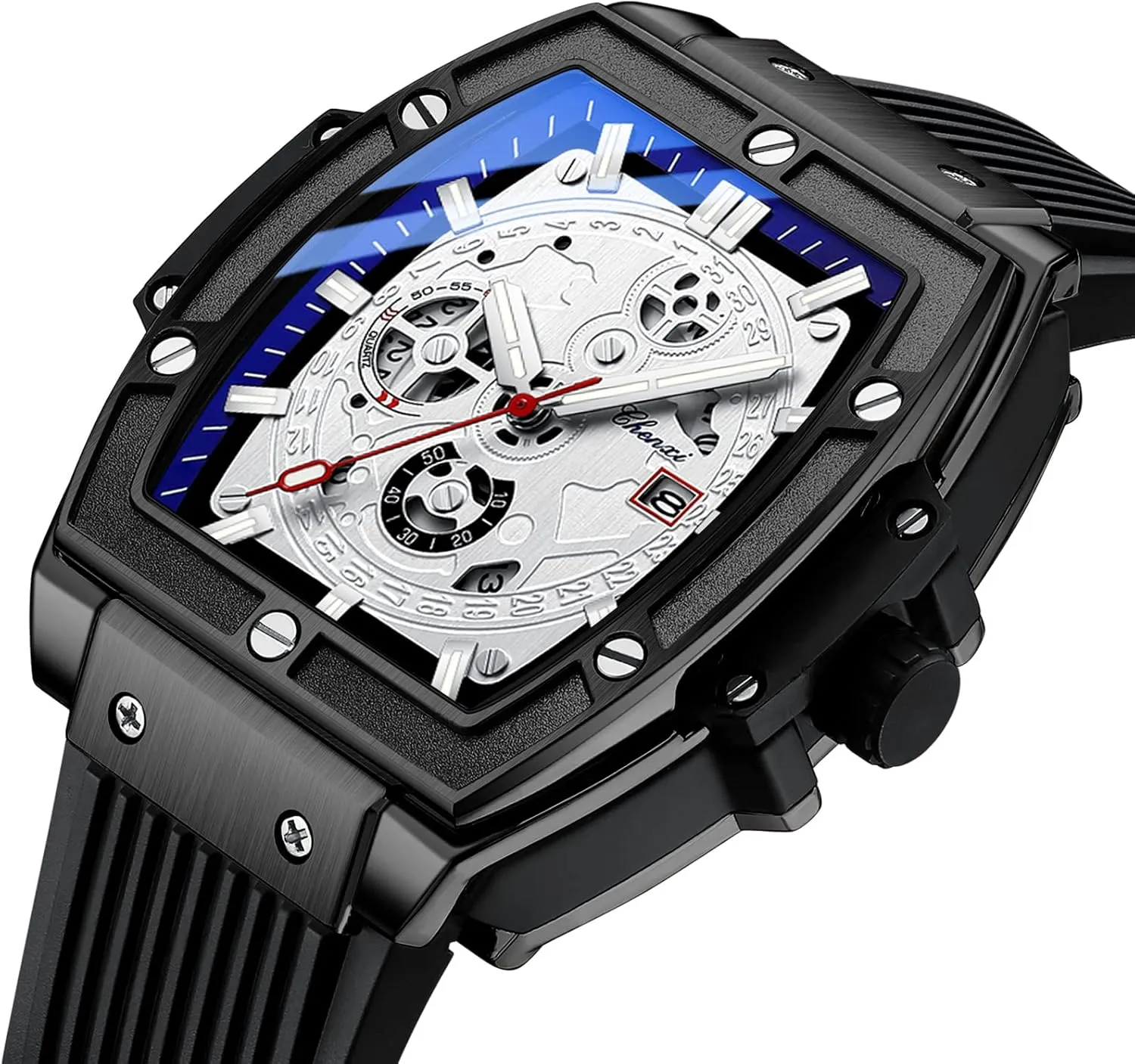 FANMIS Men's Stylish Military Sport Multifunctional Analog Quartz Tonneau Watch Easy Reader Business Luminous Waterproof Quartz Hollowed Out Watch with Silicone Strap