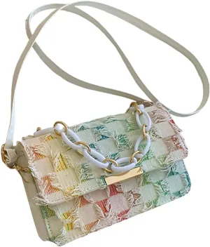 Fashionable Chain Handle Shoulder Bag Korean Elegant Denims Tassels Handbag Checkered Jeans Crossbody Purse for Women
