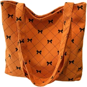 Fashionable Corduroy Handbag with Large Storage Stylish Bowknot Pattern Shoulder Bag for Ladies Work and Travel
