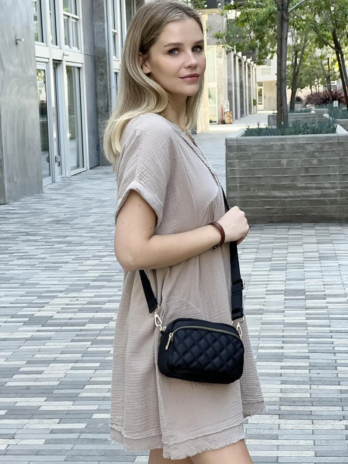FashionPuzzle Quilted Nylon Crossbody Bag with Wide Strap
