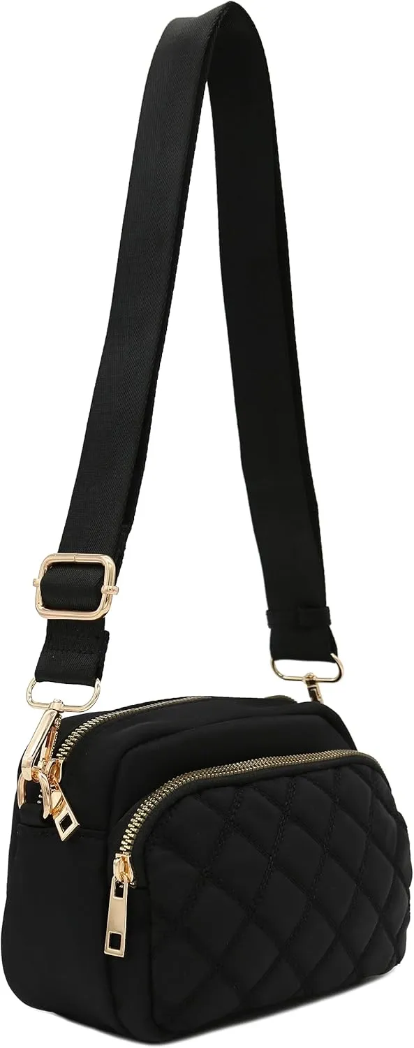 FashionPuzzle Quilted Nylon Crossbody Bag with Wide Strap