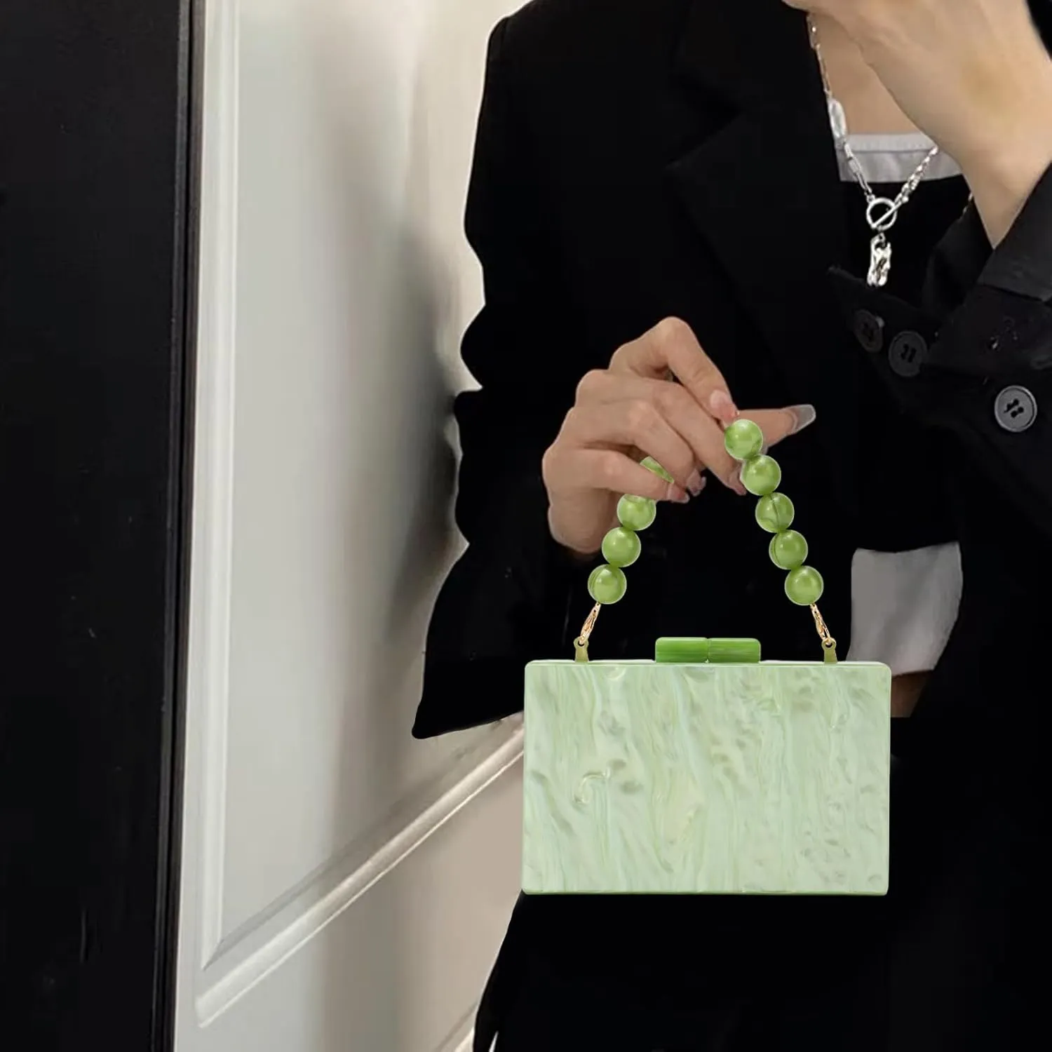 Fecialy Women Acrylic Clutch Purse Beads Evening Handbag Marble Clutch Formal Party Bridal Wedding Crossbody Bag