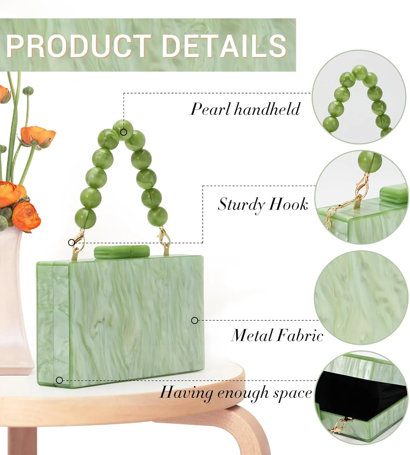 Fecialy Women Acrylic Clutch Purse Beads Evening Handbag Marble Clutch Formal Party Bridal Wedding Crossbody Bag