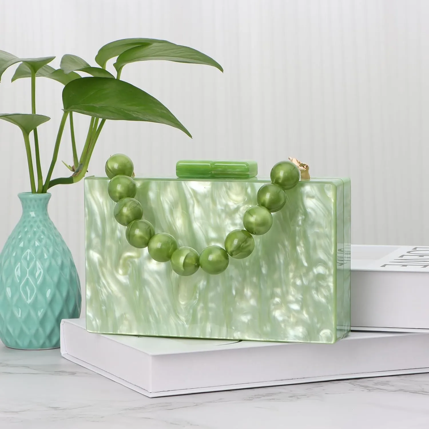 Fecialy Women Acrylic Clutch Purse Beads Evening Handbag Marble Clutch Formal Party Bridal Wedding Crossbody Bag