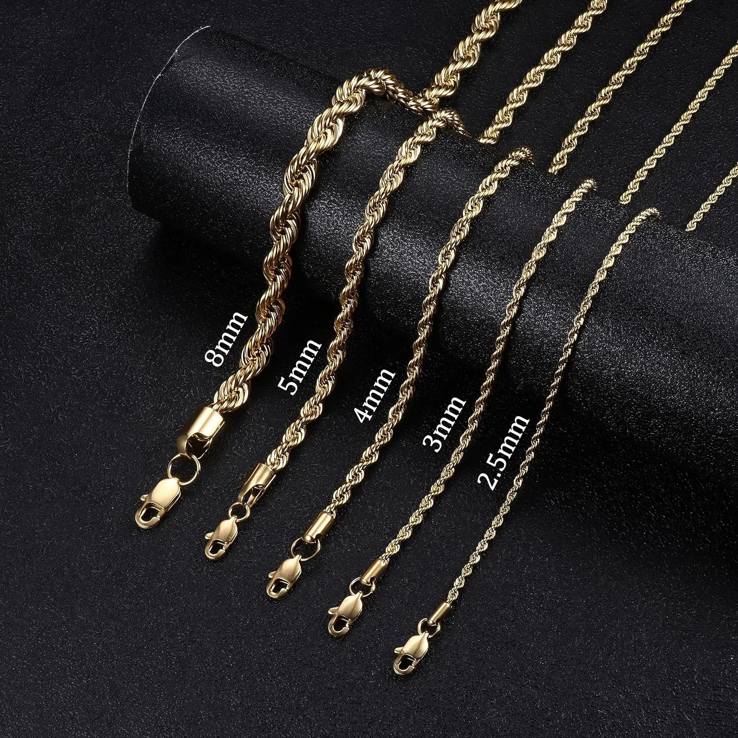 FIBO STEEL 18k Real Gold Plated 2.5-8 MM Stainless Steel Mens Womens Necklace Twist Rope Chain, 16-36 inches