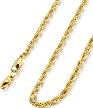 FIBO STEEL 18k Real Gold Plated 2.5-8 MM Stainless Steel Mens Womens Necklace Twist Rope Chain, 16-36 inches
