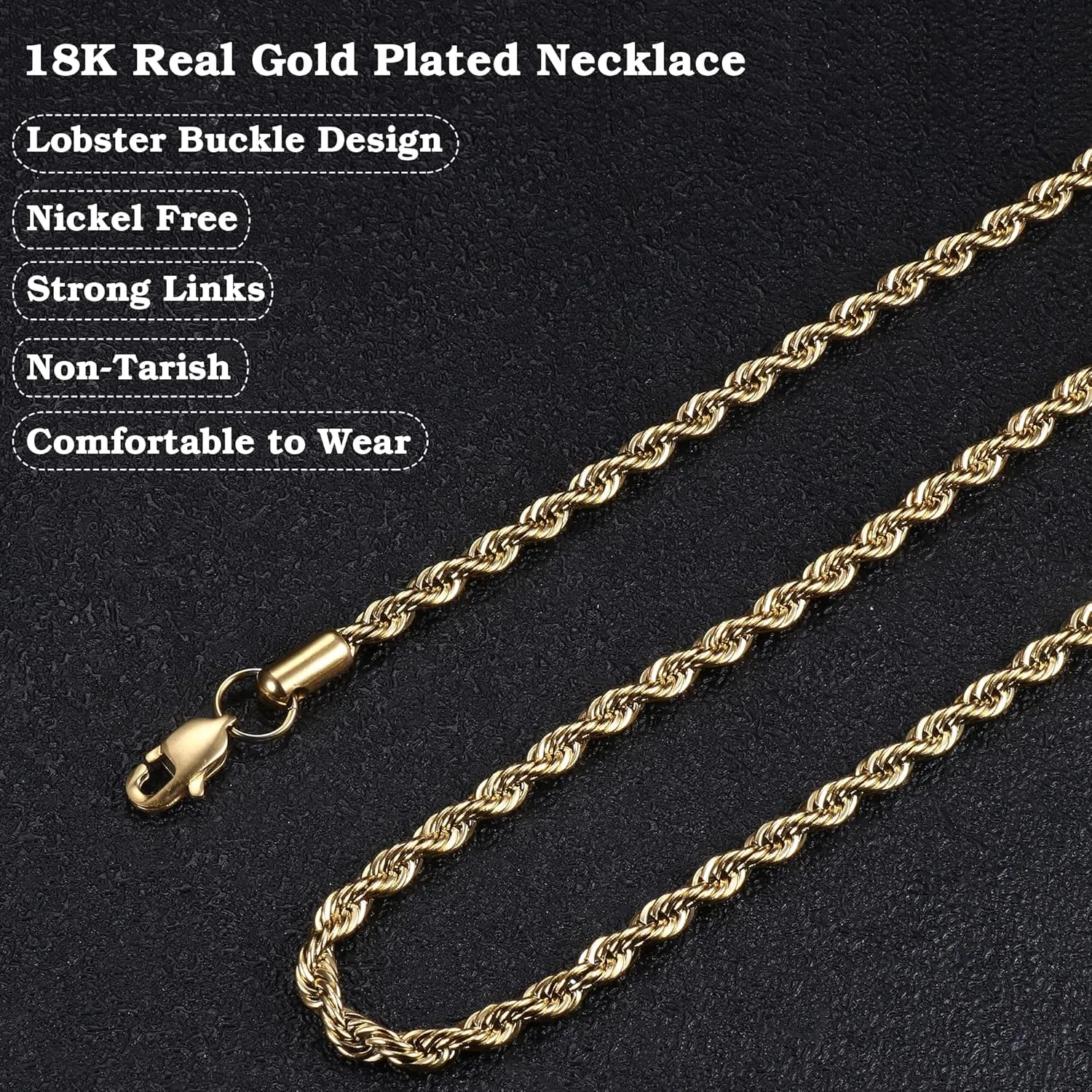 FIBO STEEL 18k Real Gold Plated 2.5-8 MM Stainless Steel Mens Womens Necklace Twist Rope Chain, 16-36 inches