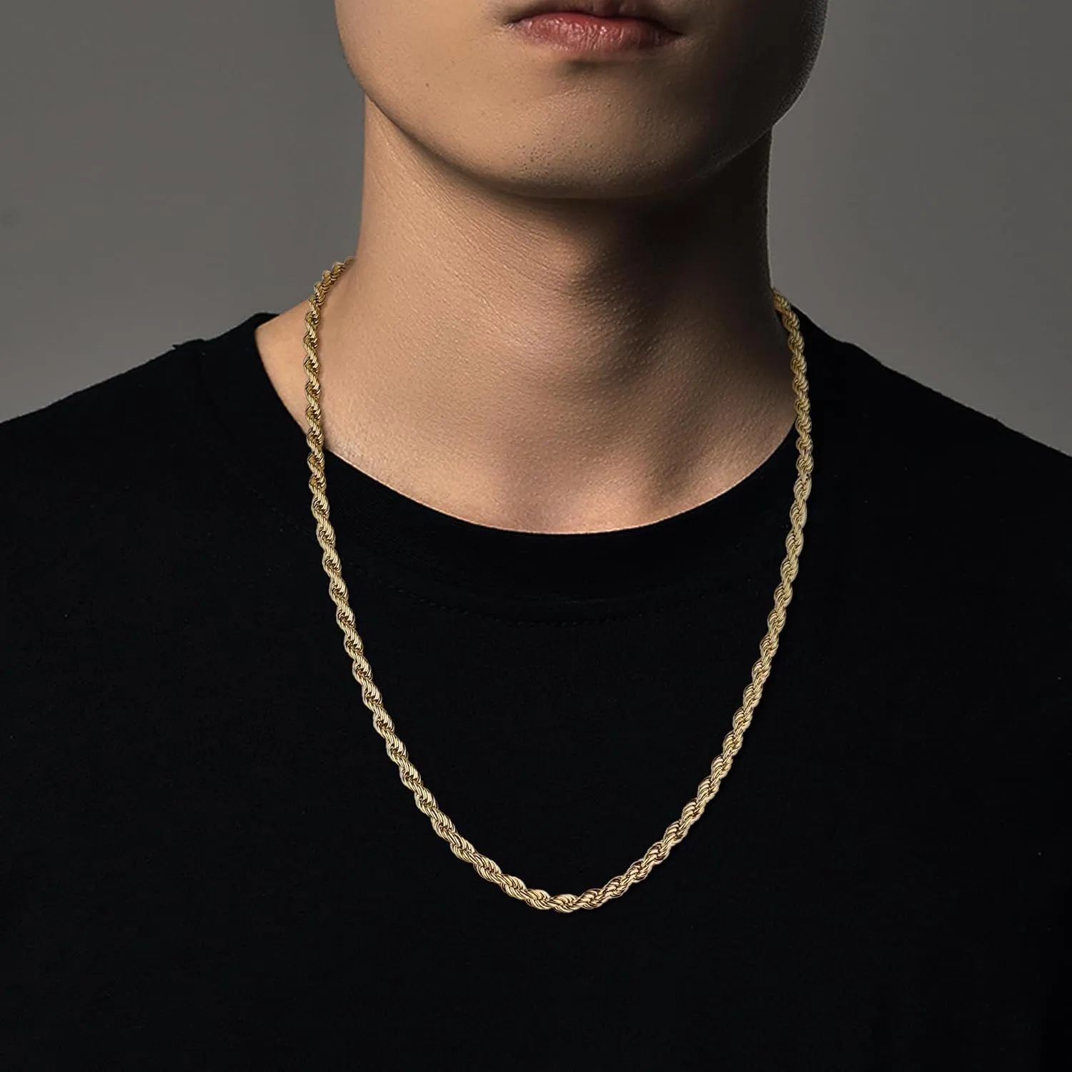FIBO STEEL 18k Real Gold Plated 2.5-8 MM Stainless Steel Mens Womens Necklace Twist Rope Chain, 16-36 inches