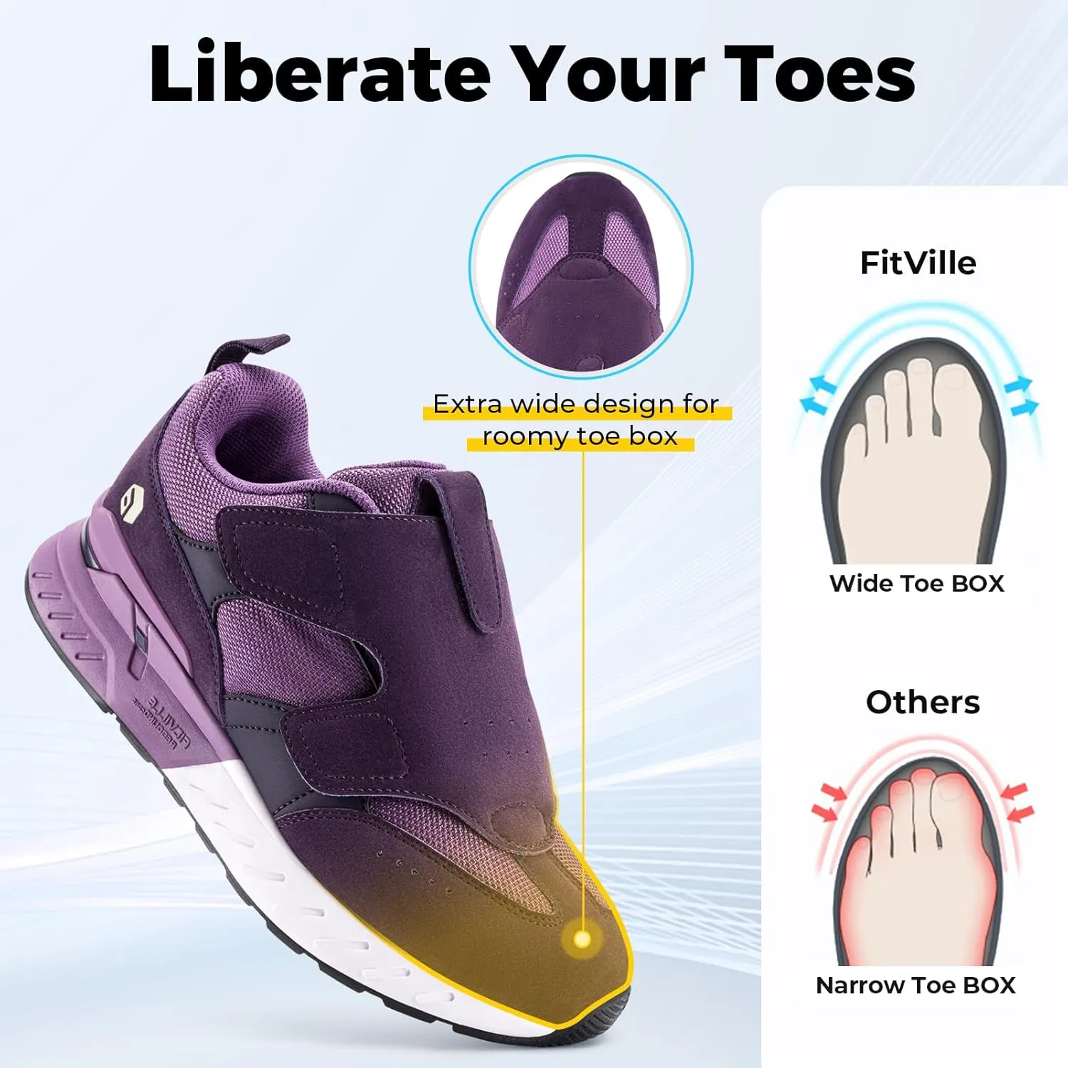 FitVille Diabetic Shoes for Women Wide Width Shoes with Strap Closure Slip-on Sneaker for Wide Feet - Rebound Core V10